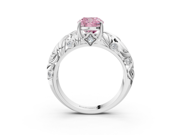 Platinum Fancy Pink Cushion Cut Solitaire Diamond Leaf-Inspired Vine Band Ring with Prong Setting