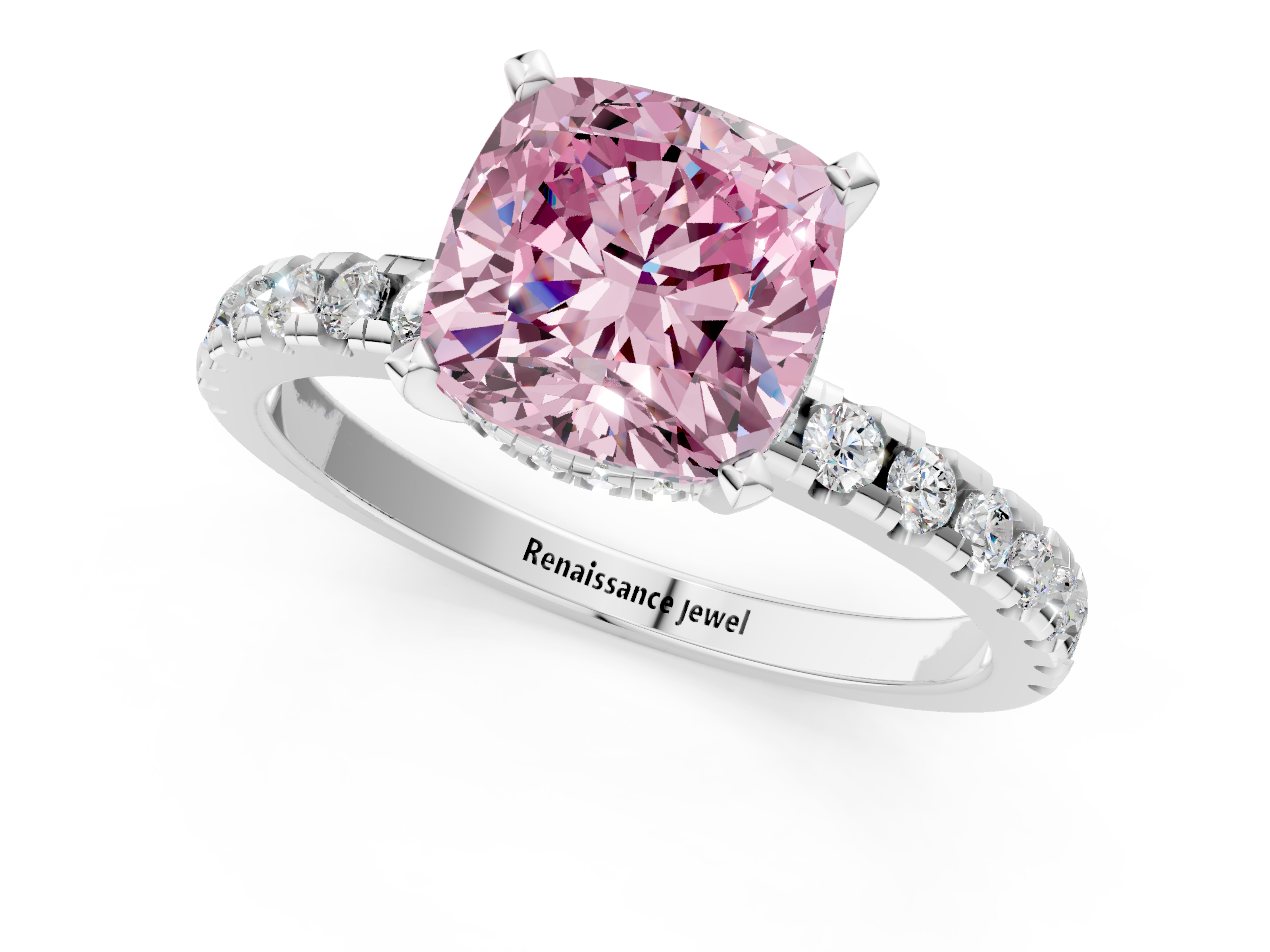 White gold Fancy Pink Cushion  Solitaire Diamond Pavé Band with Four-Prong Setting_88