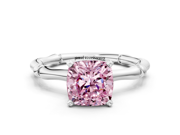 White gold Fancy Pink Cushion  Solitaire Diamond Ring with Bamboo Band and Four-Prong Setting