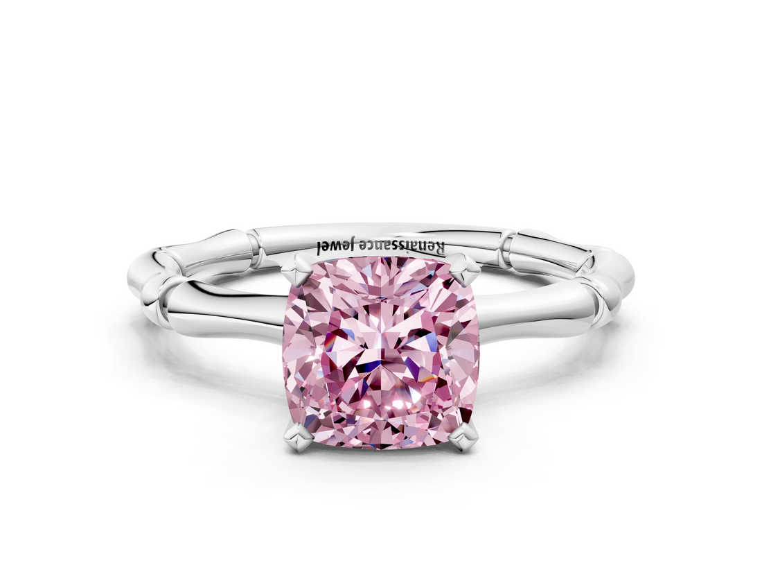 White gold Fancy Pink Cushion  Solitaire Diamond Ring with Bamboo Band and Four-Prong Setting_85