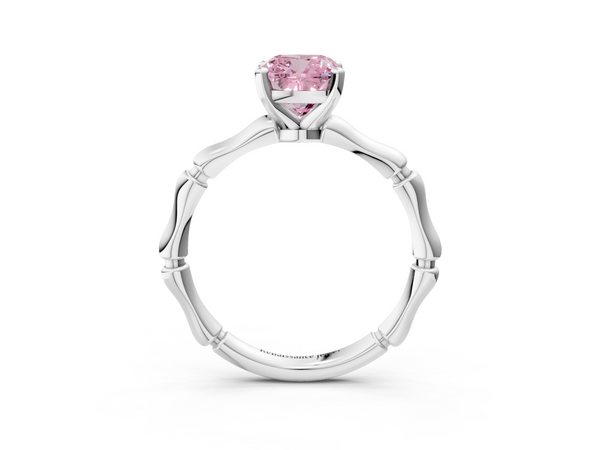 White gold Fancy Pink Cushion  Solitaire Diamond Ring with Bamboo Band and Four-Prong Setting