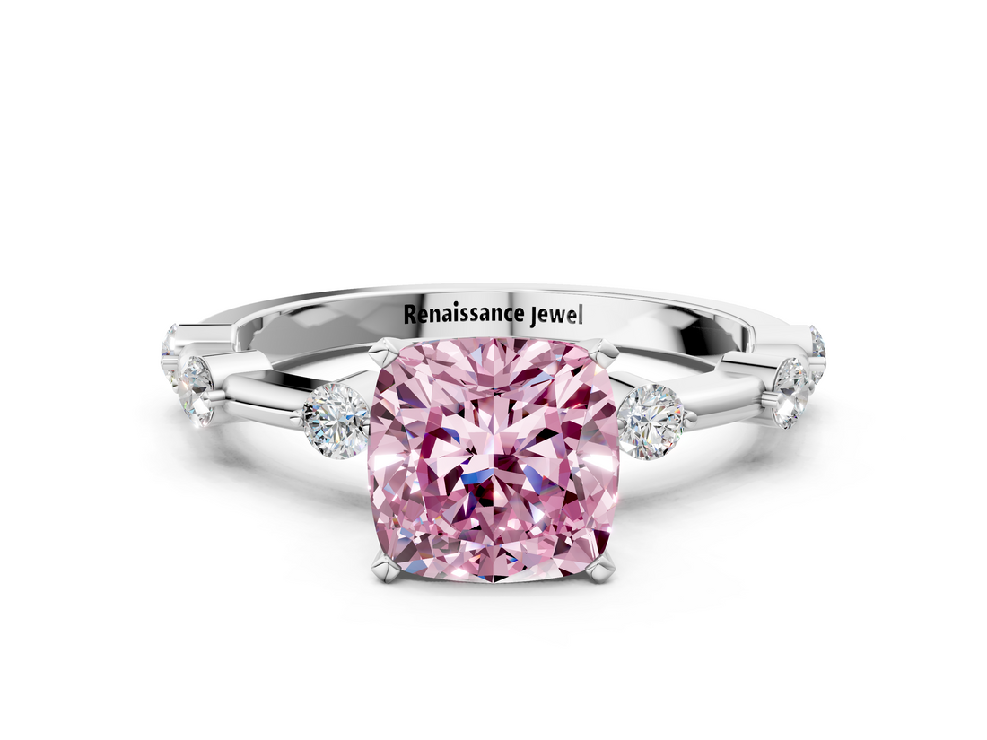 White gold Fancy Pink Cushion  Solitaire Diamond Ring with Bezel Set Side Stones and Prong Setting_3