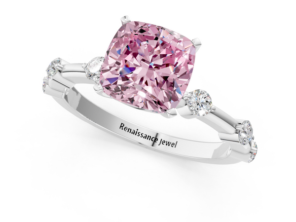 White gold Fancy Pink Cushion  Solitaire Diamond Ring with Bezel Set Side Stones and Prong Setting