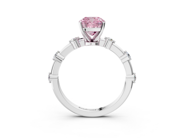 White gold Fancy Pink Cushion  Solitaire Diamond Ring with Bezel Set Side Stones and Prong Setting