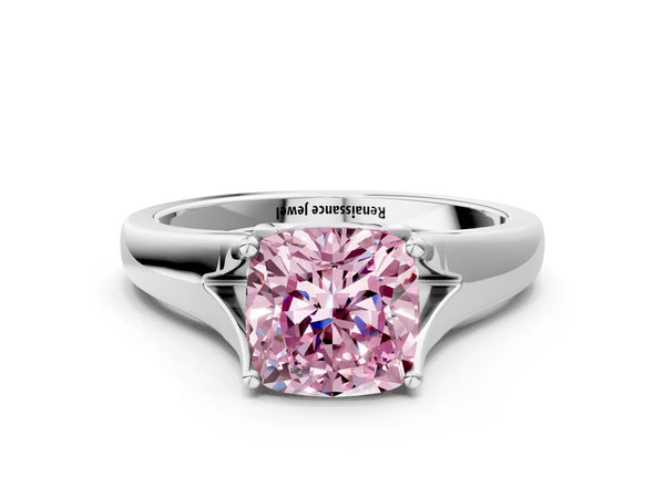 Platinum Fancy Pink Cushion  Solitaire Diamond Ring with Cathedral Band and Four-Prong Setting