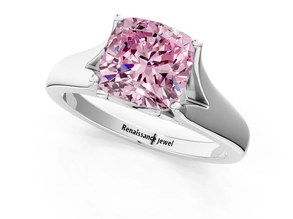 Platinum Fancy Pink Cushion  Solitaire Diamond Ring with Cathedral Band and Four-Prong Setting
