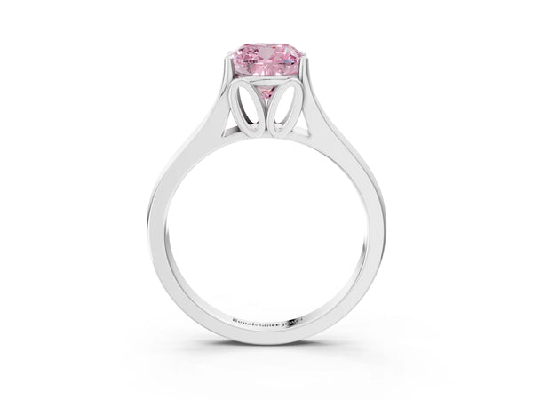 Platinum Fancy Pink Cushion  Solitaire Diamond Ring with Cathedral Band and Four-Prong Setting