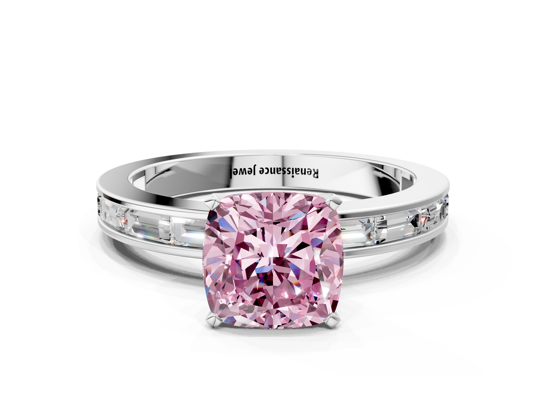 White gold Fancy Pink Cushion  Solitaire Diamond Ring with Channel-Set Baguette Band and Four-Prong Setting_62