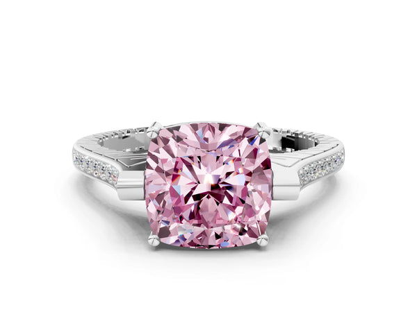 Platinum Fancy Pink Cushion  Solitaire Diamond Ring with Channel Set Band and Bezel Prong Setting