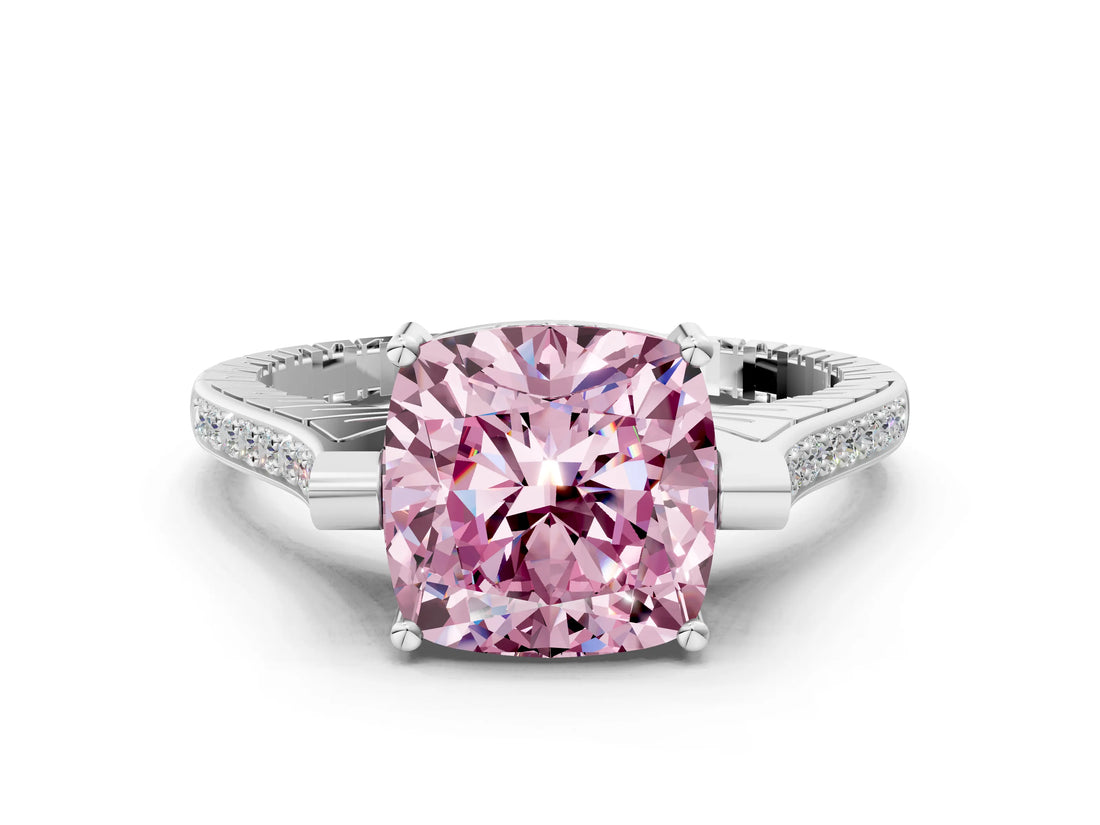 White gold Fancy Pink Cushion  Solitaire Diamond Ring with Channel Set Band and Bezel Prong Setting_68