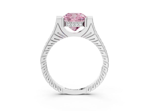 Platinum Fancy Pink Cushion  Solitaire Diamond Ring with Channel Set Band and Bezel Prong Setting