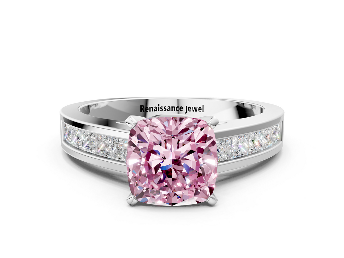 White gold Fancy Pink Cushion  Solitaire Diamond Ring with Channel-Set Band and Four-Prong Setting_3