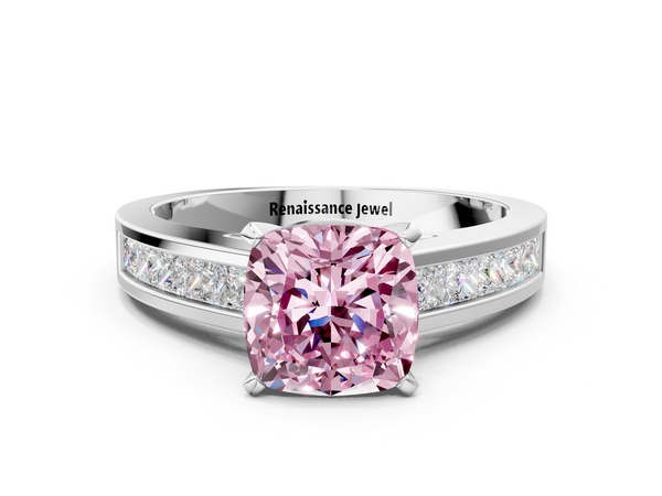 White gold Fancy Pink Cushion  Solitaire Diamond Ring with Channel-Set Band and Four-Prong Setting