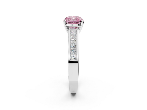 White gold Fancy Pink Cushion  Solitaire Diamond Ring with Channel-Set Band and Four-Prong Setting