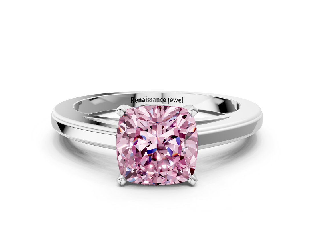 White gold Fancy Pink Cushion  Solitaire Diamond Ring with Four-Prong Setting and Classic Band_3