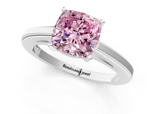Platinum Fancy Pink Cushion  Solitaire Diamond Ring with Four-Prong Setting and Classic Band
