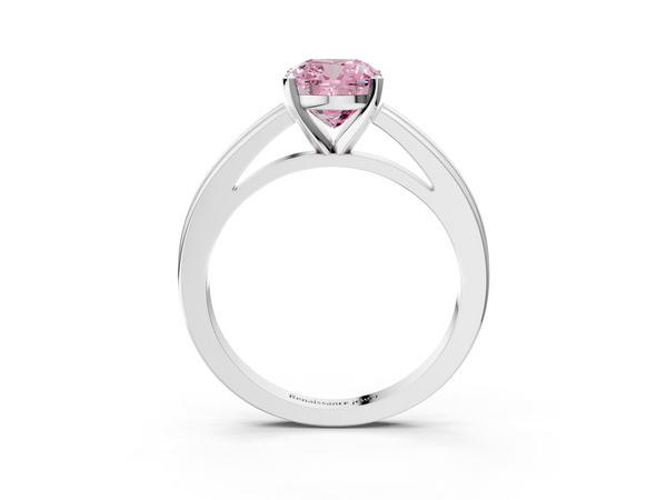 Platinum Fancy Pink Cushion  Solitaire Diamond Ring with Four-Prong Setting and Classic Band