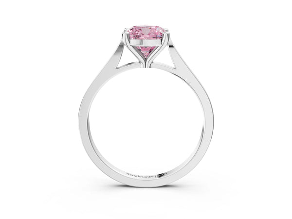 White gold Fancy Pink Cushion  Solitaire Diamond Ring with Four-Prong Setting and Tapered Band