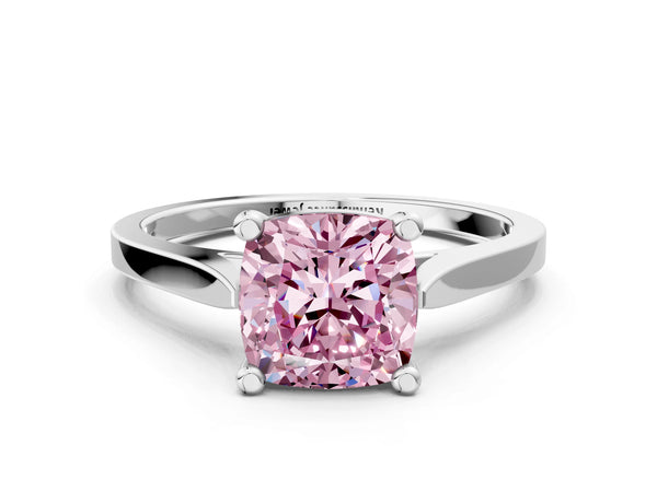 White gold Fancy Pink Cushion  Solitaire Diamond Ring with Four-Prong Setting and Tapered Band