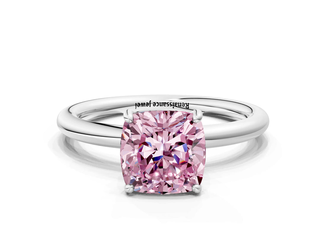 White gold Fancy Pink Cushion  Solitaire Diamond Ring with Four-Prong Setting on a Plain Band_68