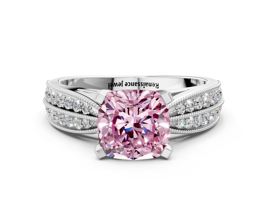 White gold Fancy Pink Cushion  Solitaire Diamond Ring with Milgrain Pavé Band and Four-Prong Setting_20