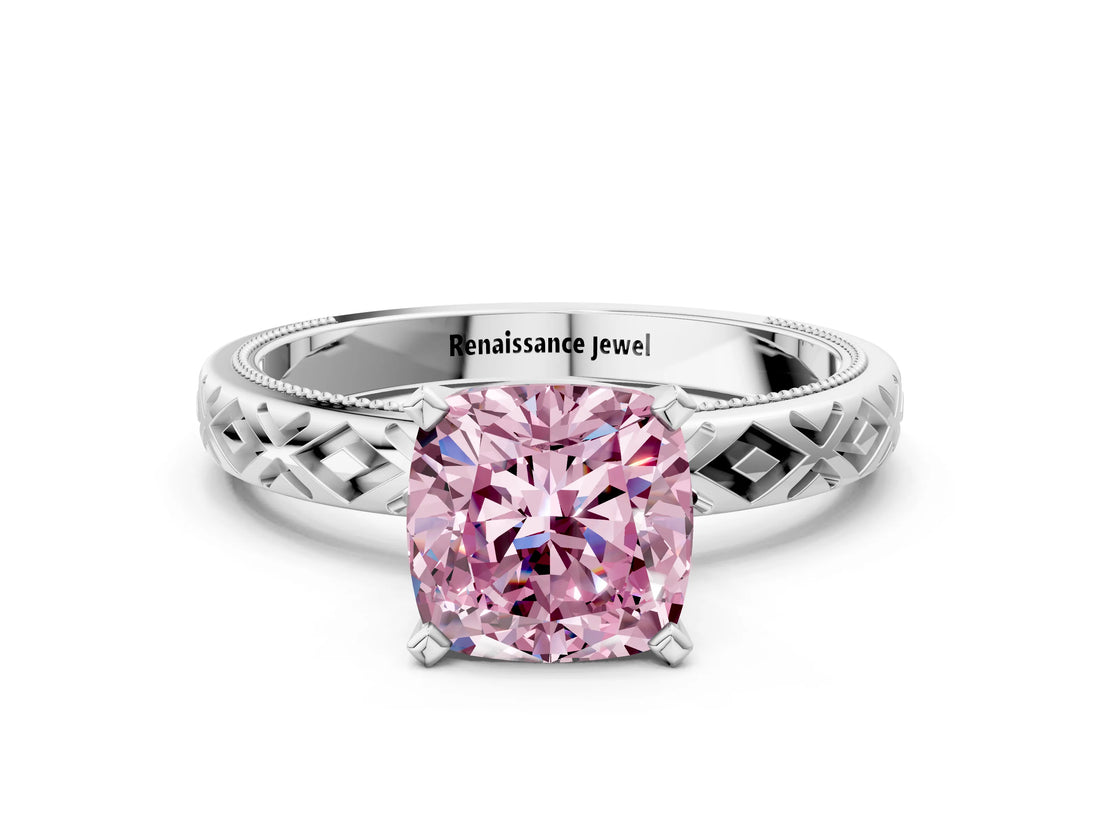 White gold Fancy Pink Cushion  Solitaire Diamond Ring with Milgrain and Black Enamel X Pattern Band_77