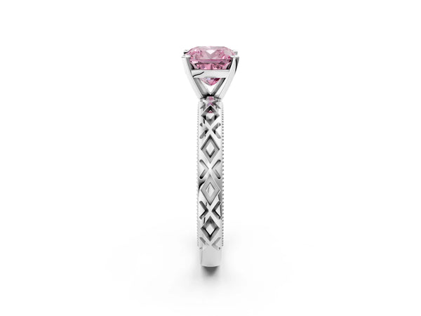 Platinum Fancy Pink Cushion  Solitaire Diamond Ring with Milgrain and Black Enamel X Pattern Band