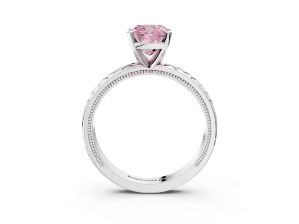 Platinum Fancy Pink Cushion  Solitaire Diamond Ring with Milgrain and Black Enamel X Pattern Band