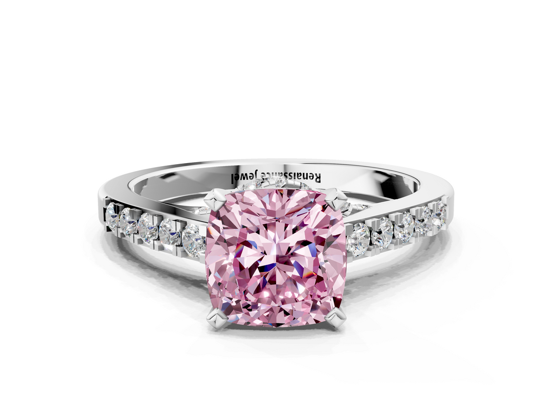 White gold Fancy Pink Cushion  Solitaire Diamond Ring with Pavé Band and Four-Prong Setting_101