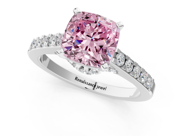 White gold Fancy Pink Cushion  Diamond Solitaire Ring with Pavé Band and Prong Setting