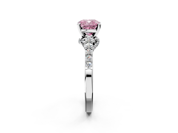 White gold Fancy Pink Cushion  Diamond Solitaire Ring with Pavé Band and Prong Setting