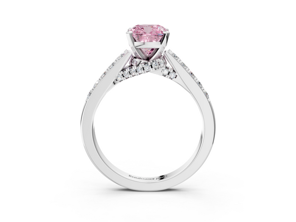 White gold Fancy Pink Cushion  Diamond Solitaire Ring with Pavé Band and Prong Setting