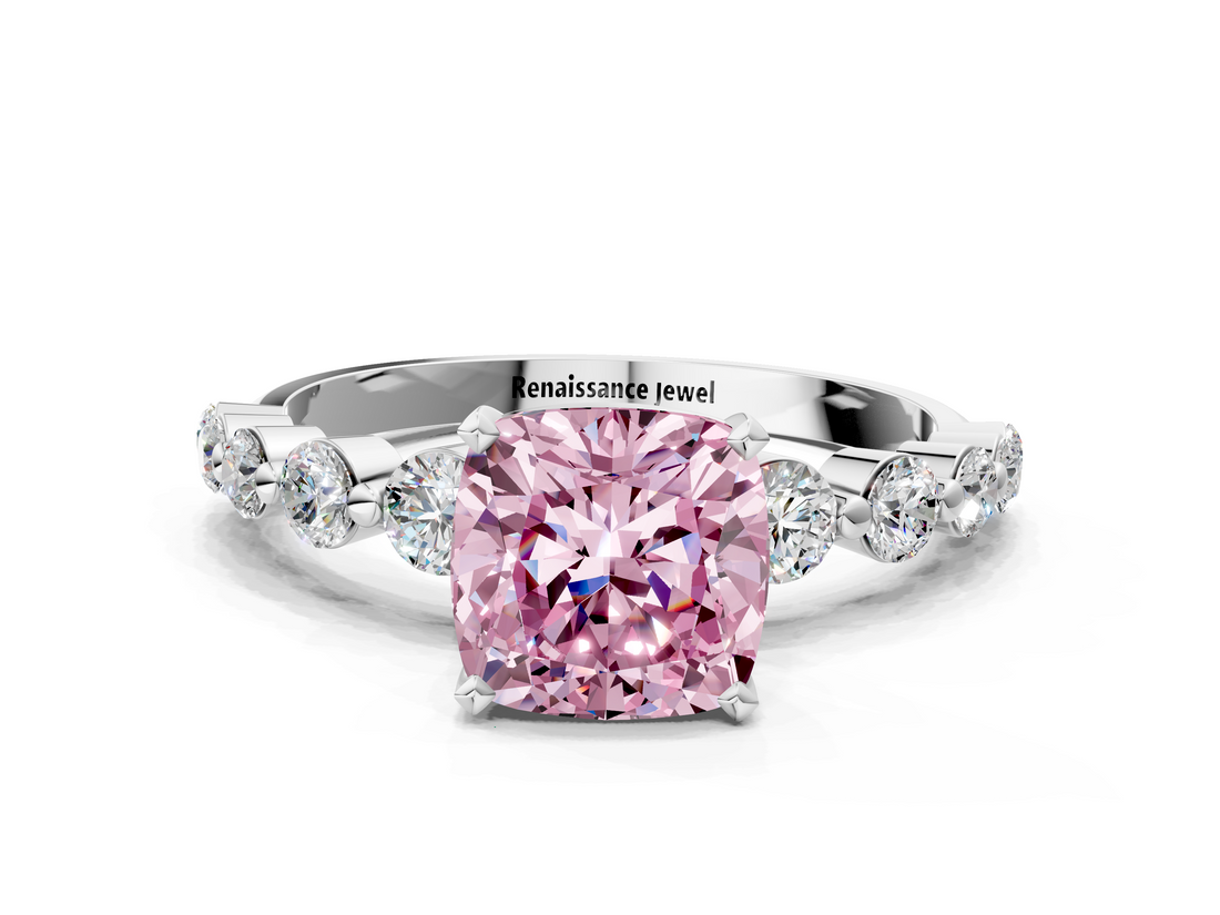 White gold Fancy Pink Cushion  Solitaire Diamond Ring with Pave Band and Four-Prong Setting_271