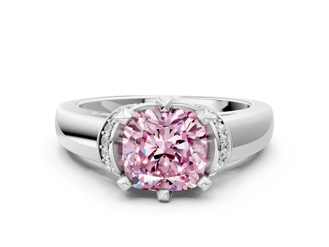 White gold Fancy Pink Cushion  Solitaire Diamond Ring with Pave Band and Six-Prong Setting_32