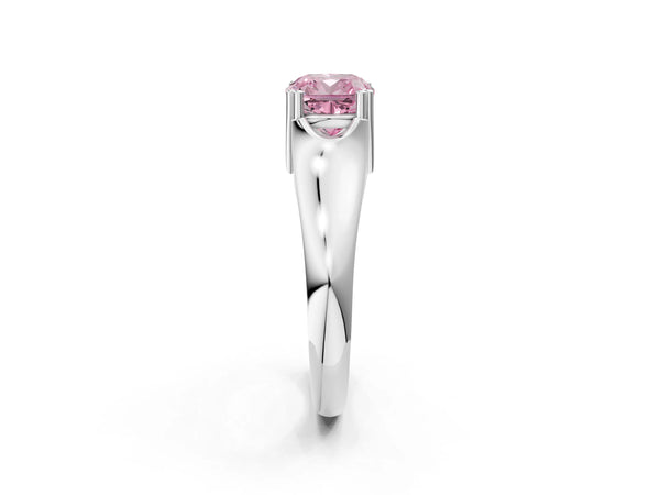 White gold Fancy Pink Cushion Cut Diamond Solitaire Ring with Wide Band and Prong Setting