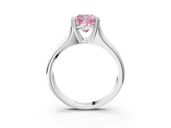 White gold Fancy Pink Cushion Cut Diamond Solitaire Ring with Wide Band and Prong Setting