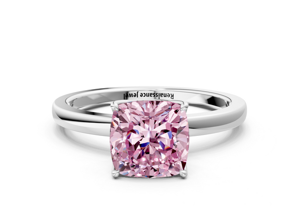 Platinum Fancy Pink Cushion  Solitaire Diamond Ring with Thin Band and Four-Prong Setting