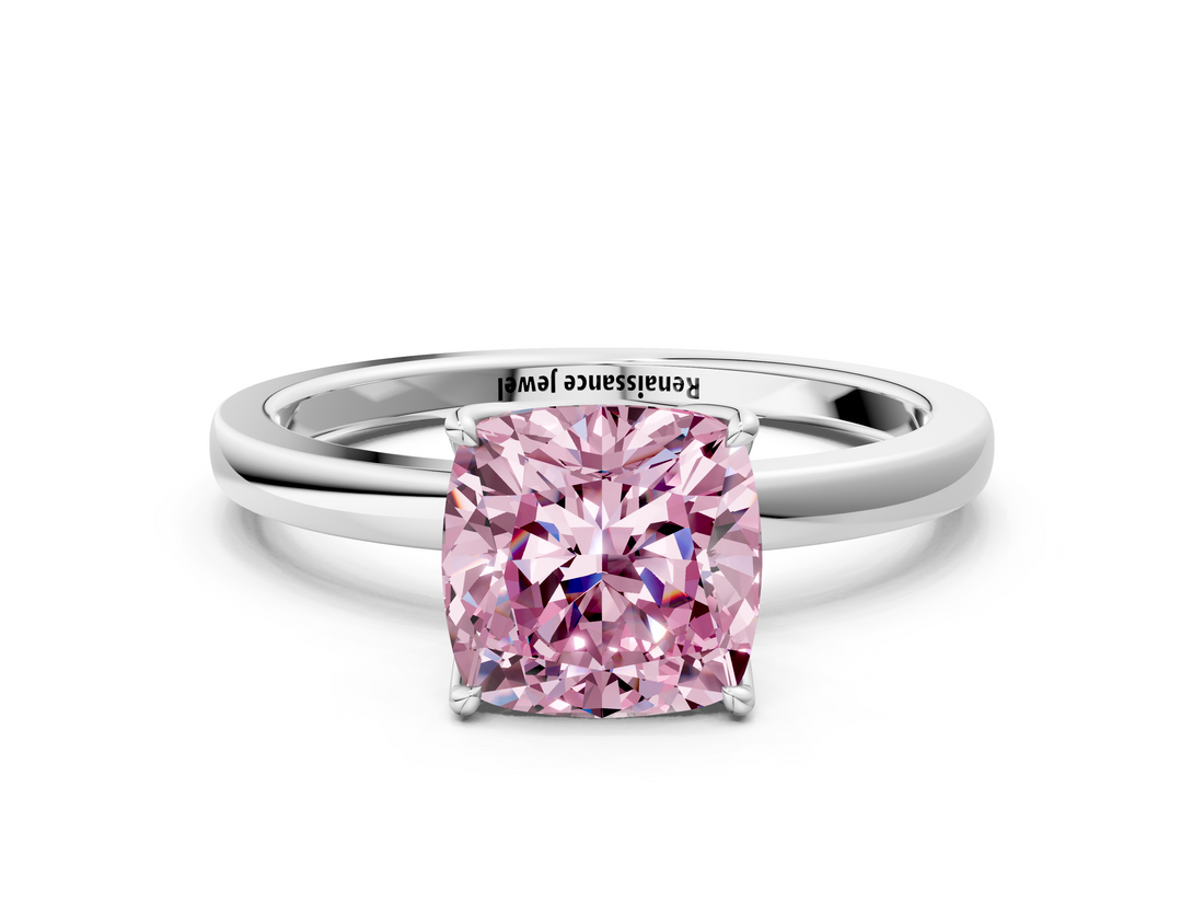 White gold Fancy Pink Cushion  Solitaire Diamond Ring with Thin Band and Four-Prong Setting_3