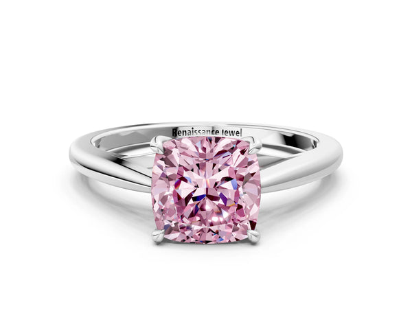 White gold Fancy Pink Cushion  Solitaire Engagement Ring with Four-Prong Setting and Classic Band