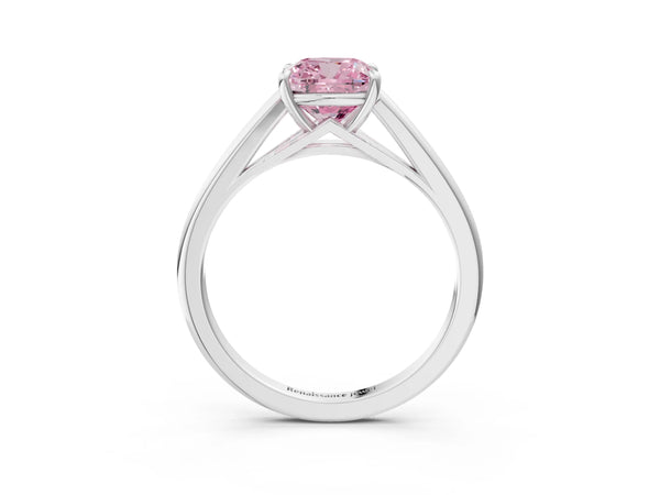 White gold Fancy Pink Cushion  Solitaire Engagement Ring with Four-Prong Setting and Classic Band