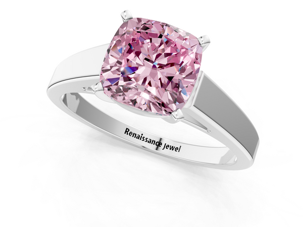 Platinum Fancy Pink Cushion  Solitaire Engagement Ring with Four-Prong Setting and Tapered Band