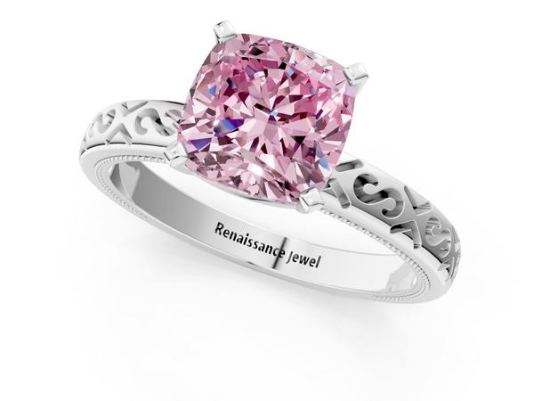 Platinum Fancy Pink Cushion  Solitaire Engagement Ring with Scrollwork Band and Four-Prong Setting
