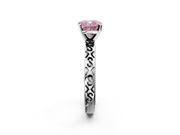 Platinum Fancy Pink Cushion  Solitaire Engagement Ring with Scrollwork Band and Four-Prong Setting