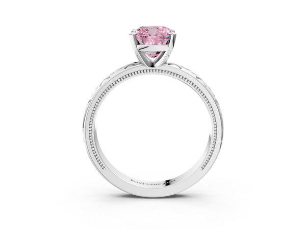 Platinum Fancy Pink Cushion  Solitaire Engagement Ring with Scrollwork Band and Four-Prong Setting