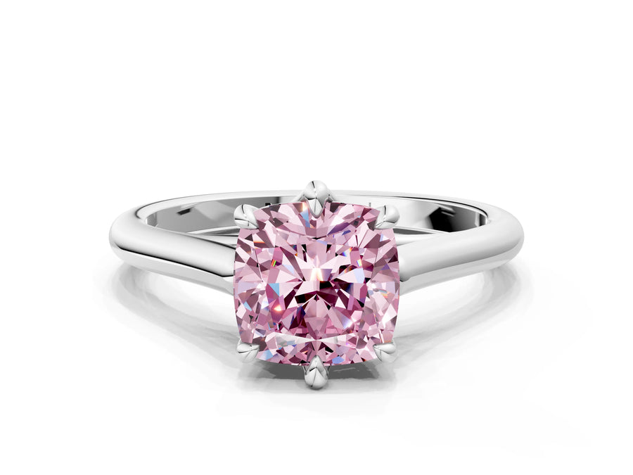 White gold Fancy Pink Cushion  Solitaire Engagement Ring with Six-Prong Setting and Classic Band