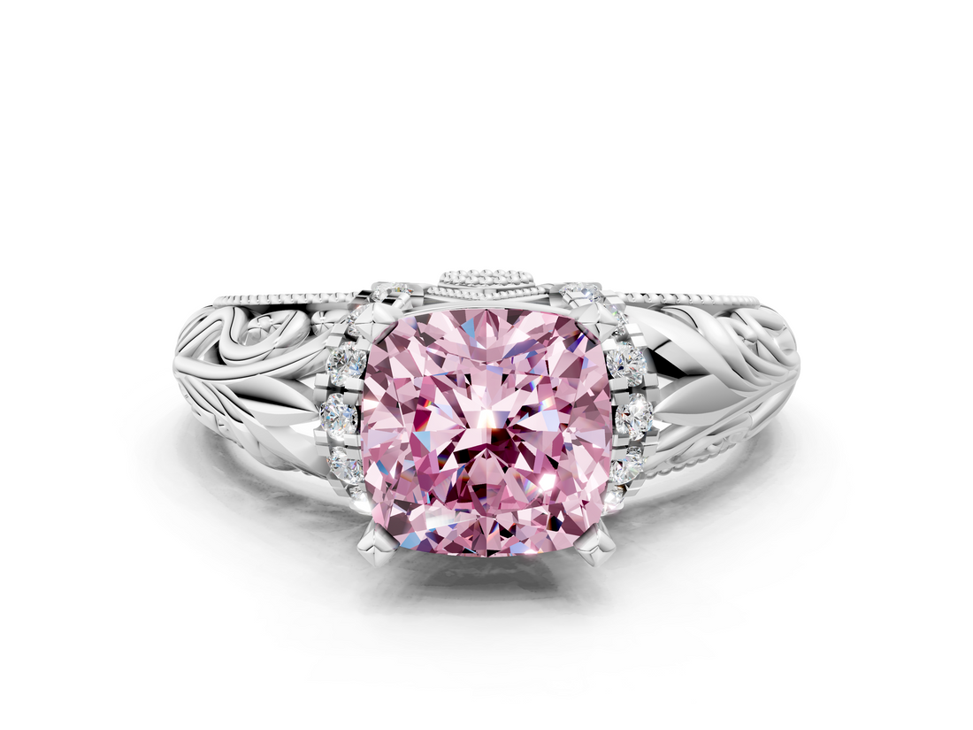 White gold Fancy Pink Cushion  Solitaire Filigree Engagement Ring with Halo and Prong Setting_102