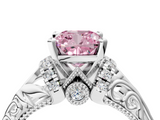 White gold Fancy Pink Cushion  Solitaire Filigree Engagement Ring with Halo and Prong Setting_106