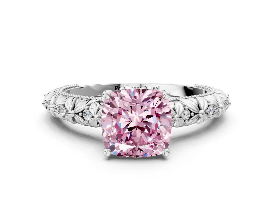 White gold Fancy Pink Cushion  Solitaire Floral Milgrain Engagement Ring_31