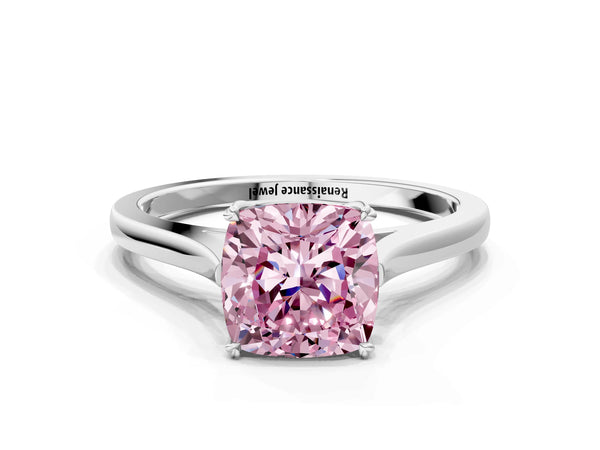 White gold Fancy Pink Cushion  Solitaire Heart Prong Engagement Ring with Tapered Band