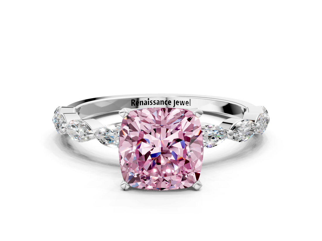 White gold Fancy Pink Cushion  Solitaire Marquise Side Stone Prong Setting Ring_61